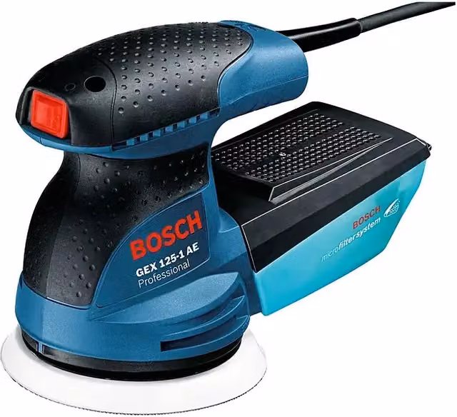 Lijadora excéntrica eléctrica Bosch GEX 125-1 AE de 250 W en color azul y negro con diámetro de disco de 125 mm
