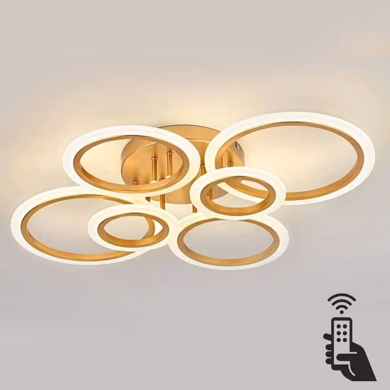 Luminaria LED suspendida LEDBOX Cycle de 6 aros en color oro y latón con 75W, control CCT 3000-4000-6000K, mando a distancia y conexión WiFi