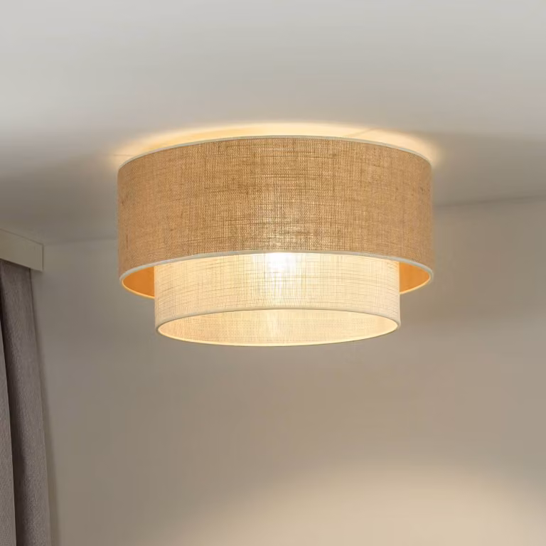 Lámpara de techo Boho Duolla de tejido y ratán, atenuable, color marrón y beige, para salón o comedor