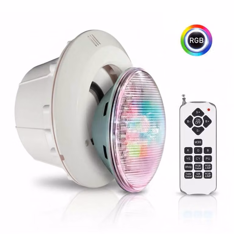Pack de lámpara LED PAR56 RGB para piscinas Ledbox de 45W con nicho en acero inoxidable y mando a distancia multicolor