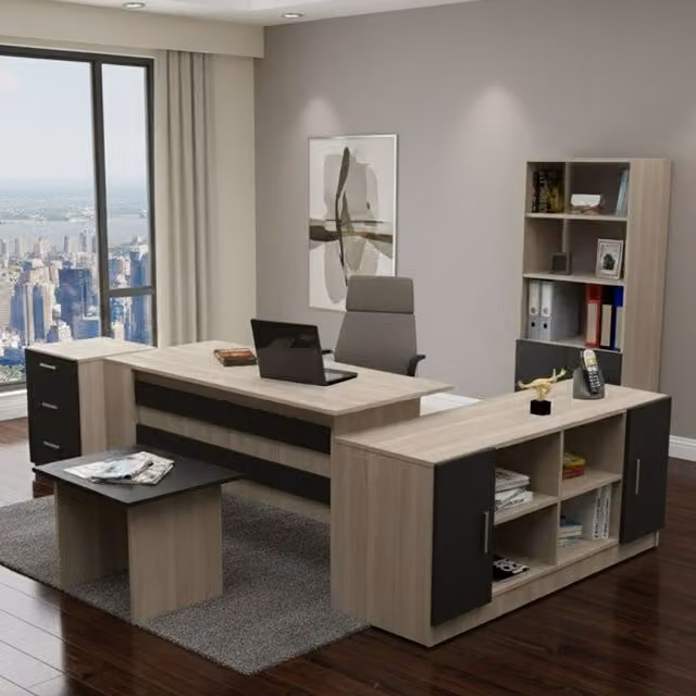 Set de oficina moderno DMORA con escritorio y estantería en madera de roble, color marrón y antracita