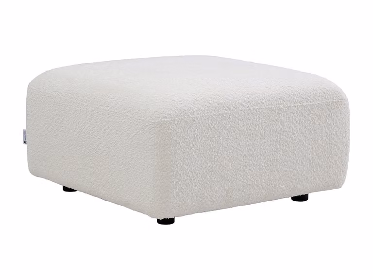 Puf DANEPI de tela bouclé en color blanco con estructura de madera