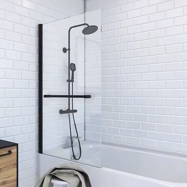 Mampara de bañera abatible Aurlane transparente con perfil negro, An: 85 cm, Al: 150 cm