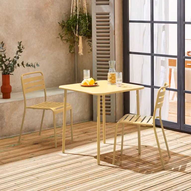 Set de mesa de jardín bistró SWEEEK de acero con 2 sillas, color amarillo, An/P/Al: 70 x 70 x 72.5 cm