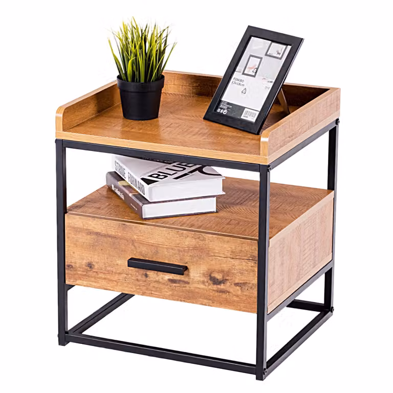 Costway Mesa Auxiliar de Estilo Industrial con 2 Niveles y Estructura de Metal en Negro y Marrón para Salón, Dormitorio u Oficina, An: 49 cm, P: 40 cm, Al: 40 cm