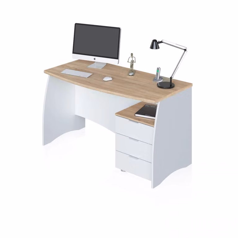 Mesa de escritorio para ordenador Duehome con 3 cajones, acabado blanco mate y roble canadian, An/P/Al: 136 x 74 x 67 cm