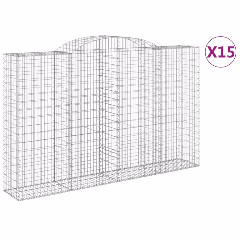 Set de 15 cestas de gaviones vidaXL en forma de arco de acero galvanizado color gris, An/P/Al: 300 x 50 x 180/200 cm