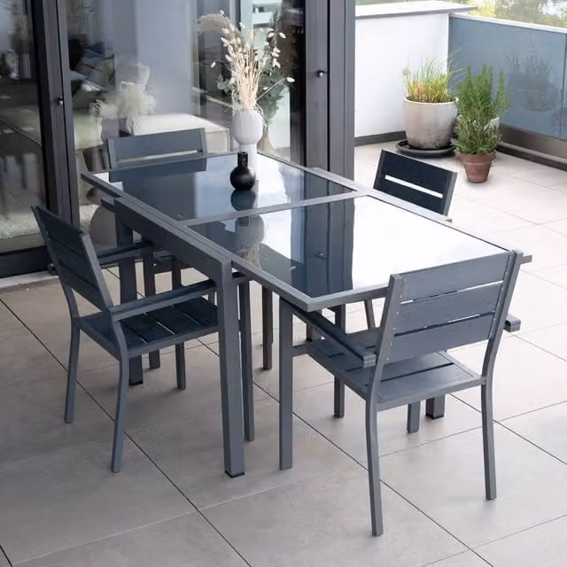 Mesa de jardín extensible Home Deluxe Verano de cristal y acero gris mate An/P/Al: 180 x 90 x 90 cm