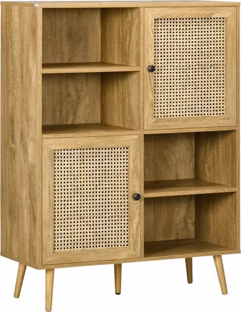 Aparador alto de almacenamiento HOMCOM en madera y ratán con diseño natural y 2 puertas, color marrón, An/P/Al: 90 x 32,5 x 120 cm