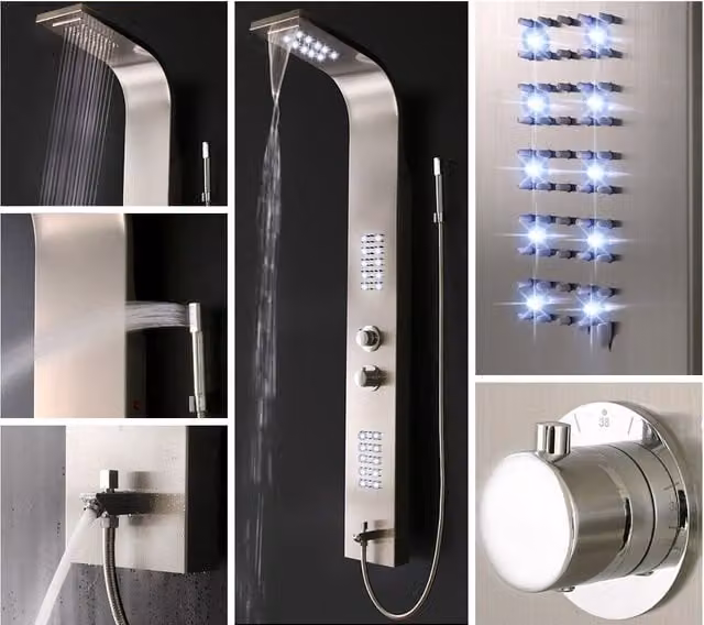 Panel de ducha LED con masaje Home Deluxe ORINOCO en acero inoxidable color plata, Altura: 156 cm, Ancho: 20 cm, Profundidad: 20 cm