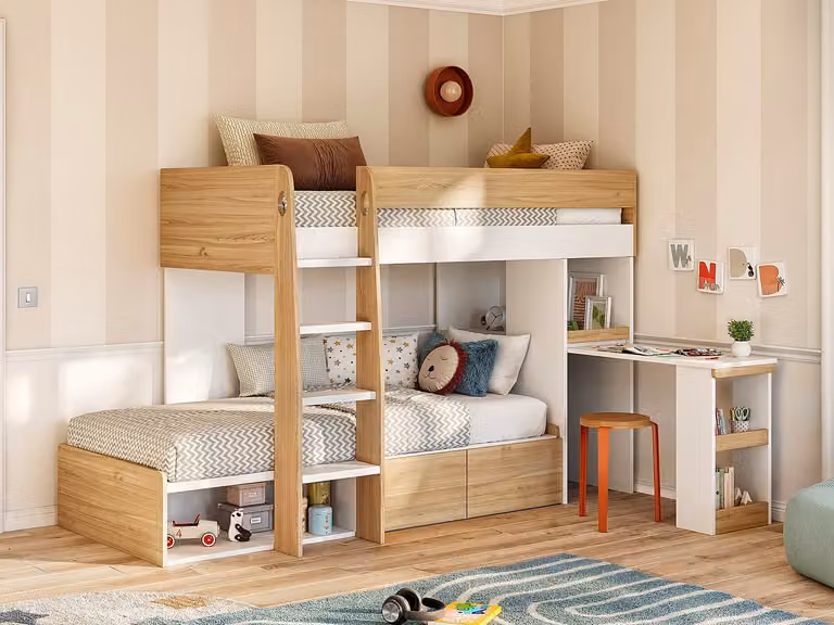 Literas infantiles Lomiden con escritorio, cajones y colchones de espuma en color blanco y beige, An/P/Al: 190 x 90 x 207 cm