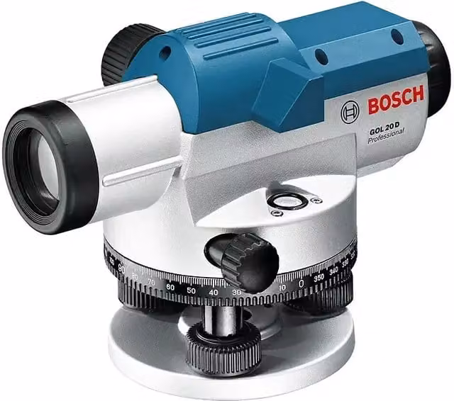 Equipo de nivelación óptico Bosch GOL 20 D en azul y multicolor con zona de trabajo máxima de 60 m y graduación de 1°