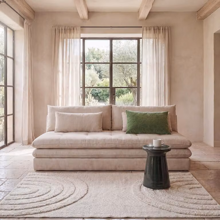 Sofá cama de 2 o 3 plazas Maisons du Monde con arcón y tapizado de tela reciclada beige, An/P/Al: 190 x 155 x 90 cm