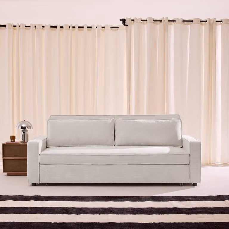 Sofá cama de pana SWEEEK de 3 plazas, color crema, An/P/Al: 226 x 90 x 88 cm