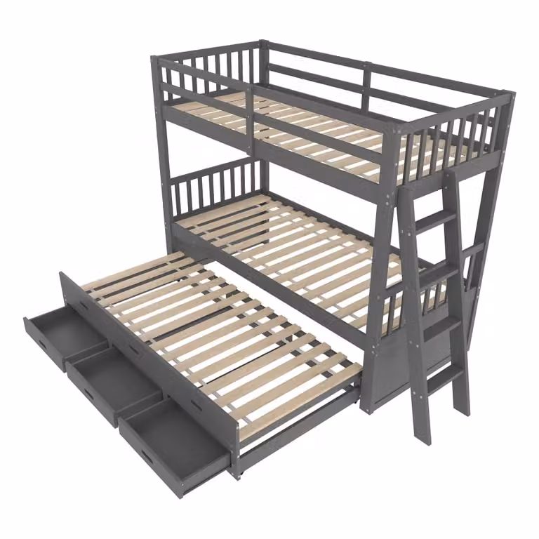 Litera infantil MODFU de madera y MDF gris con cama nido y cajones, An/P/Al: 90 x 200 x 160 cm