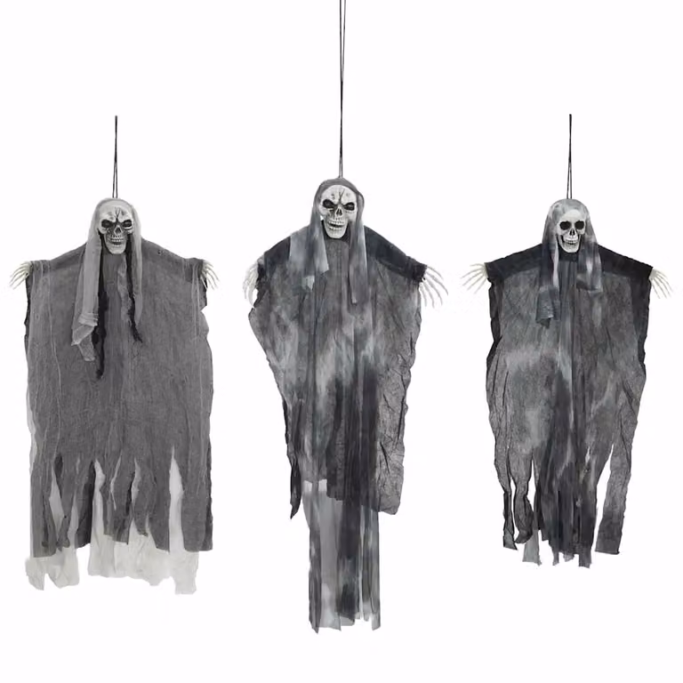 Set de 3 figuras de fantasmas colgantes para Halloween vidaXL, color negro, An/Al: 66 x 110 cm