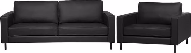 Conjunto de sofás Beliani Savalen para salón con sofá de 3 plazas y sillón en piel sintética negra de estilo minimalista y estructura de madera de eucalipto