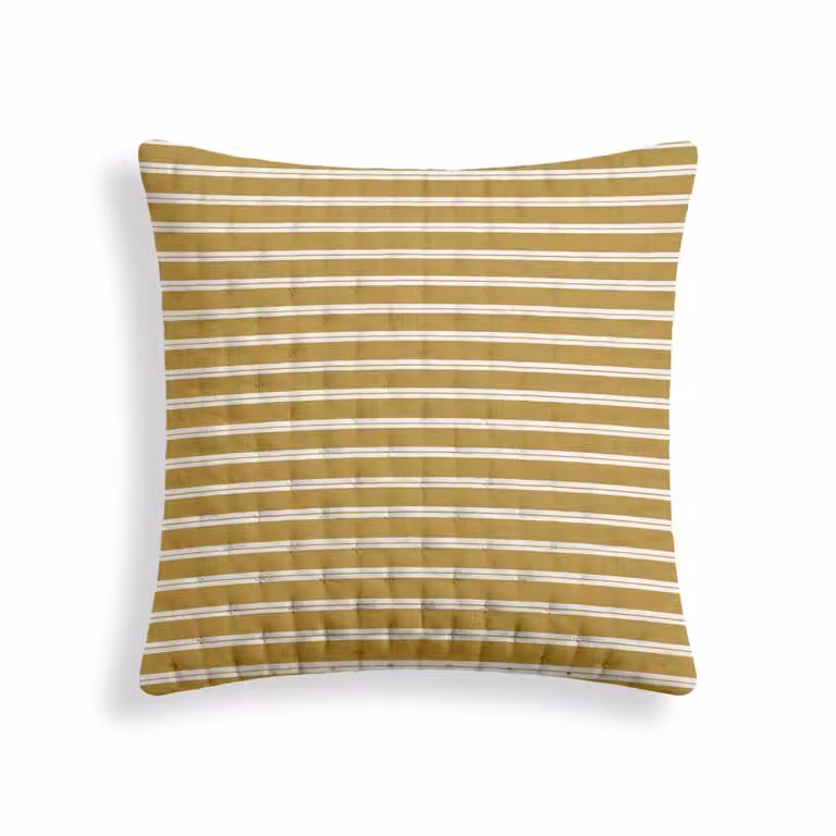 Funda de almohada reversible de microfibra con diseño de rayas náuticas en color amarillo y terracota, An/An/Al: 65 x 65 x 65 cm