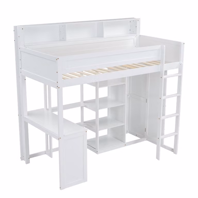 Litera de dos niveles MODFU en madera de pino y MDF blanca con escritorio, armario y estantería integrada, An/P/Al: 90 x 200 cm