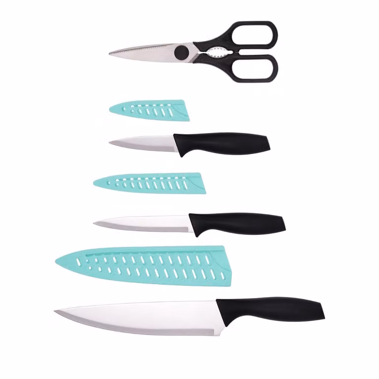 Set de 3 cuchillos de chef con funda y 1 tijera de cocina Oasis Quid en acero inoxidable color plata