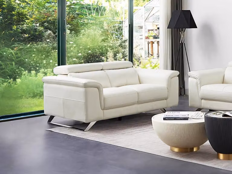 Sofá de 2 plazas Vente-Unique en piel blanca con diseño moderno y reposacabezas ajustable, An: 170 cm, Al: 108 cm
