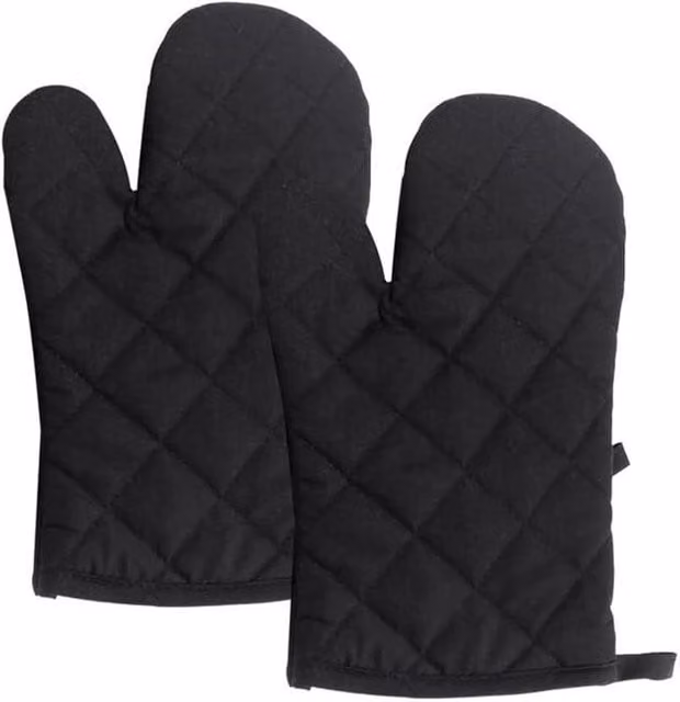Par de guantes de cocina resistentes al calor en color negro, fabricados en mezcla de poliéster con diseño antideslizante y lavables para barbacoa, horno de leña o chimenea