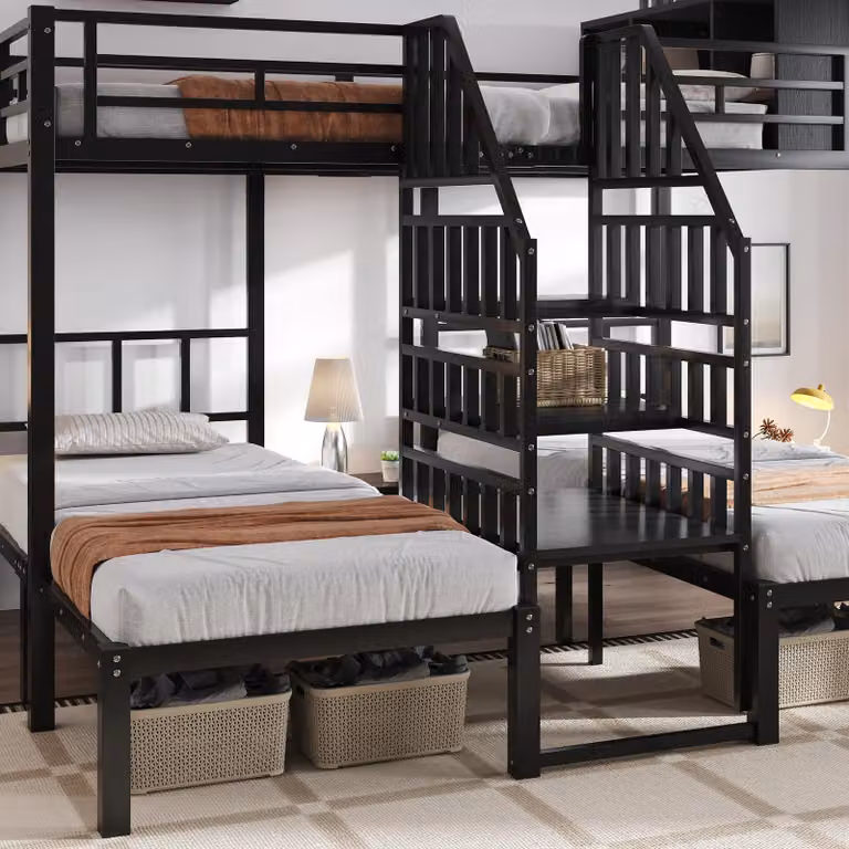 Cama nido de metal OKWISH para tres personas con escalera y barandillas, estructura juvenil en color negro, An/P/Al: 140 x 200 x 148 cm
