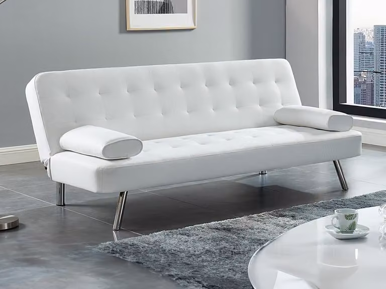Sofá cama clic-clac MICHELLE II de piel sintética en color blanco con estructura de madera sólida y diseño moderno para salón