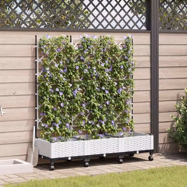 Jardinera con enrejado y ruedas Maison Exclusive, pack de 3 unidades, color blanco, de plástico