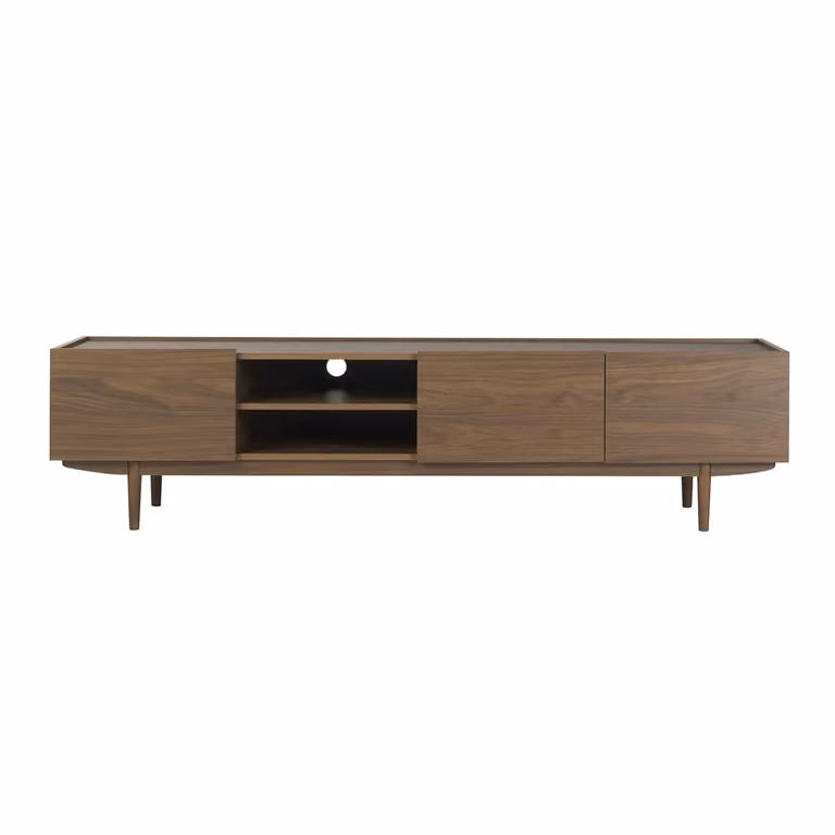 Mueble de TV moderno SANAA de madera de nogal y caucho en color marrón con puertas y pasacables An/P/Al: 180 x 44,3 x 41,2 cm