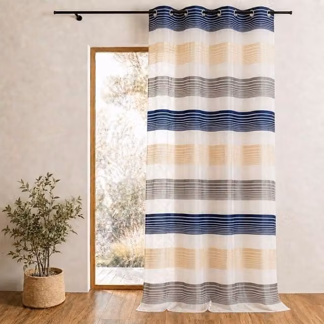 Visillo de Organza Home Maison con Finas Rayas Horizontales, Azul Marino, An/Al: 140 x 240 cm