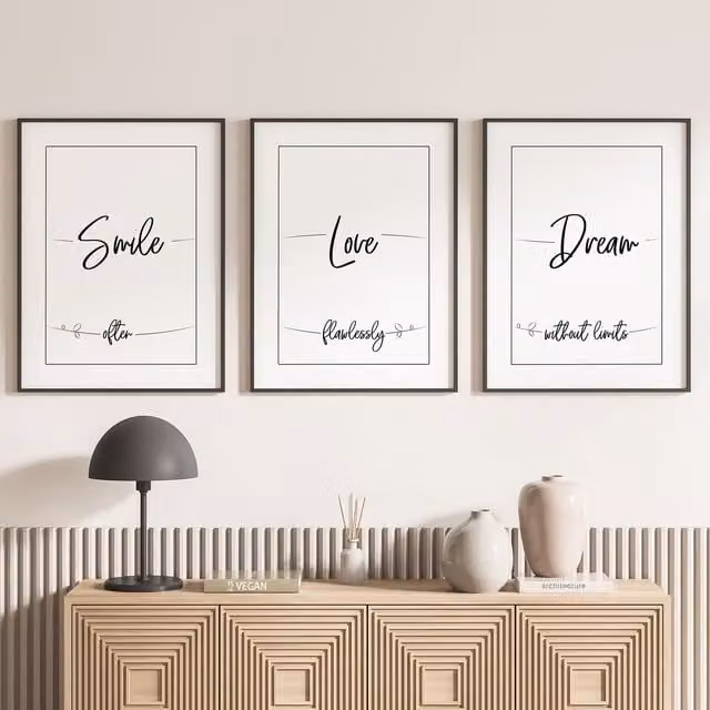Lote de 3 pósteres decorativos trípticos Lumalea con diseño de tipografía abstracta en blanco y negro, An/P: 21 x 29,7 cm