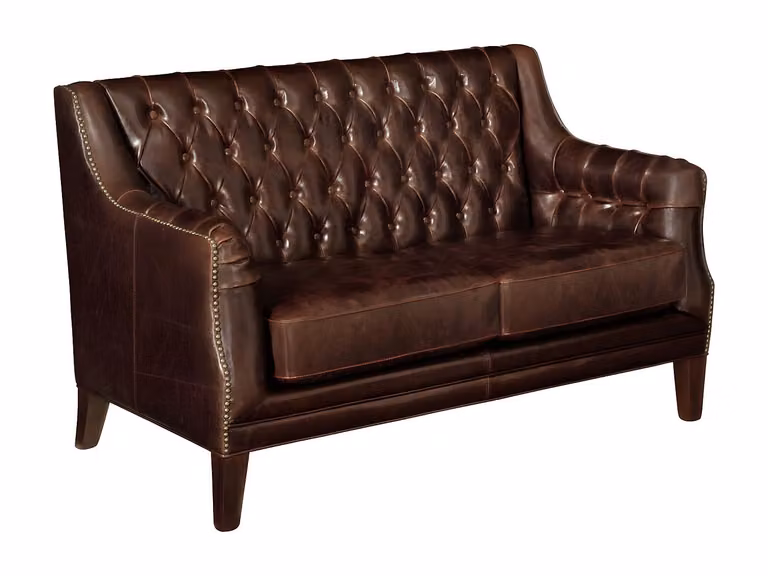 Sofá de 2 plazas Colbert estilo Chesterfield tapizado en piel marrón con estructura de madera sólida An/P/Al: 138 x 84 x 48,5 cm