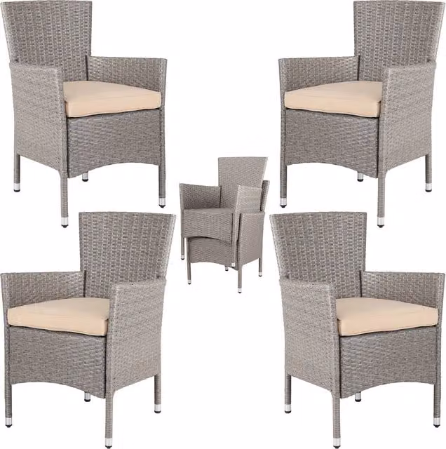 Set de 4 sillas de jardín apilables Casaria de ratán sintético y metal con cojines en color beige