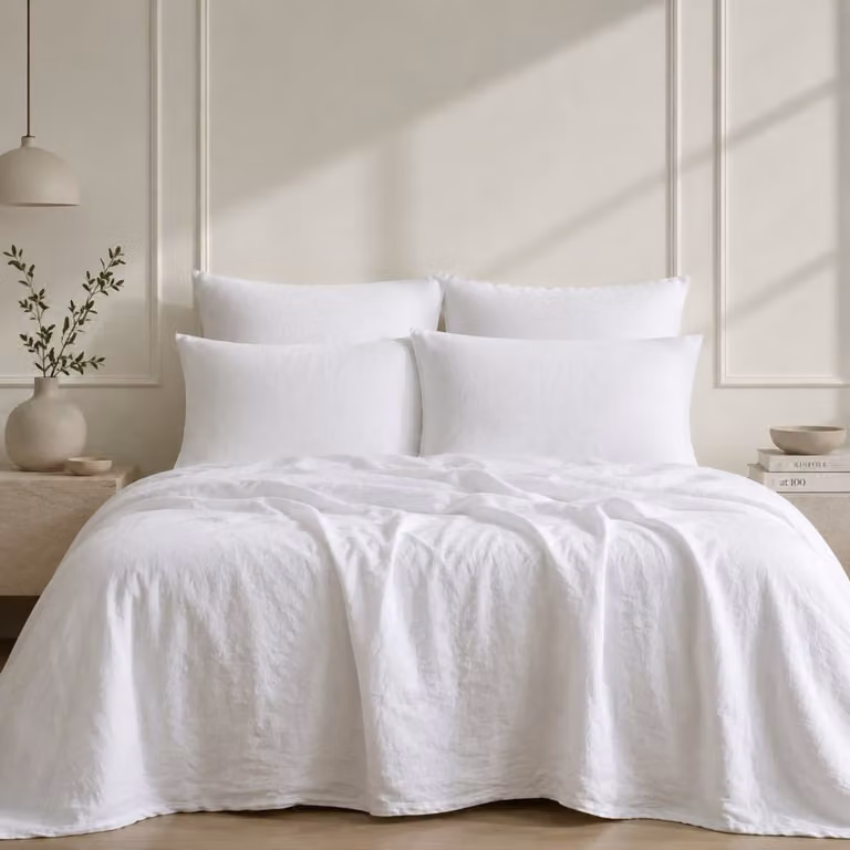 Juego de cama de lino Febronie color blanco con funda nórdica de 260x240 cm y fundas de almohada de 65x65 cm