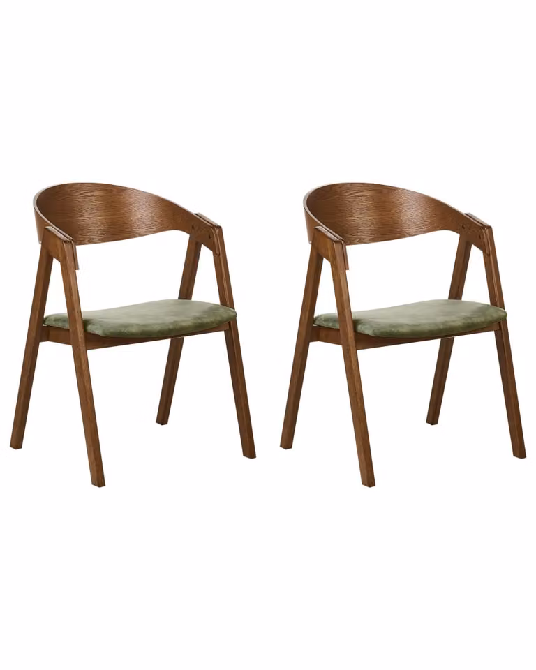 Conjunto de 2 sillas de comedor retro Beliani en madera de caucho y tejido verde y marrón