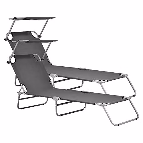 Set de 2 tumbonas plegables Argozelo casa.pro con toldo parasol y estructura de acero en gris oscuro, An/P/Al: 186 x 55 x 24 cm