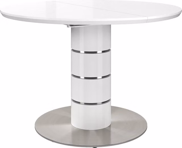 Mesa de comedor extensible VENTE-UNIQUE blanca lacada con base de metal y acabado en MDF para 6 adultos, An/P/Al: 120 x 120 x 76 cm