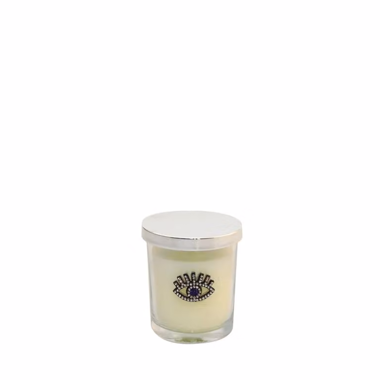 Vela de cera Aulica con forma de ojo y fragancia de pachuli en color plata y blanco para mesa