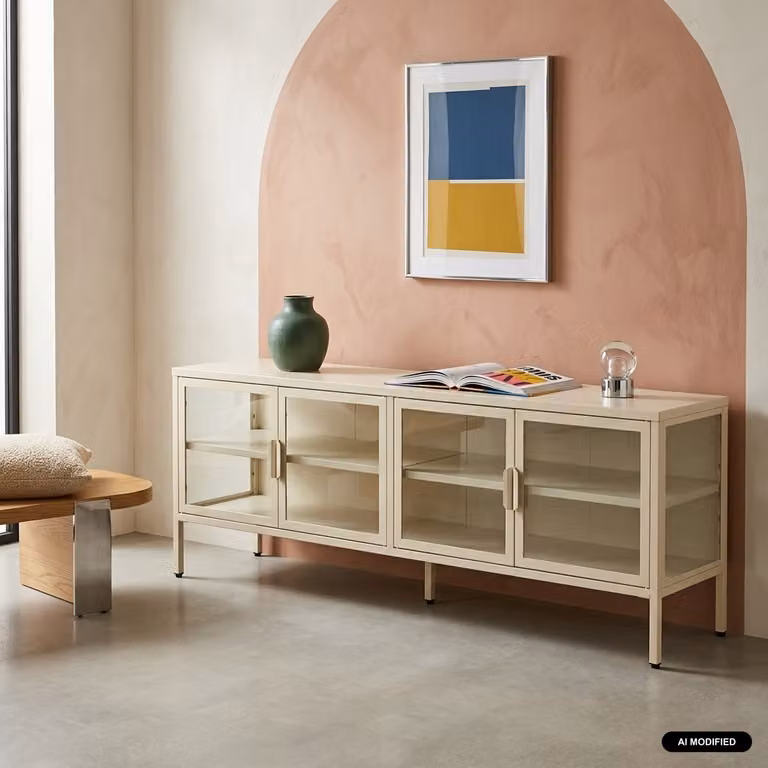 Mueble de TV industrial Sweeek de metal y vidrio templado con 4 puertas, color beige, An: 160 cm, Al: 55 cm, P: 29,9 cm