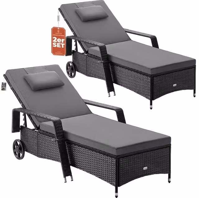 Set de 2 tumbonas de poliratán CASARIA en negro y antracita con reposacabezas ajustable, An/P/Al: 193 x 90 x 43 cm