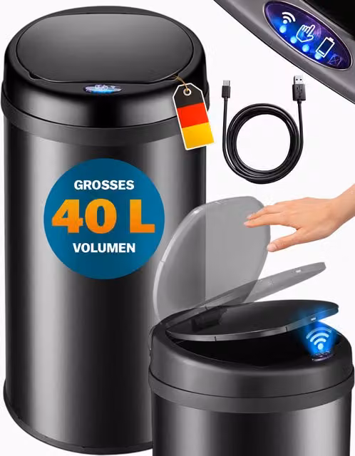 Cubo de basura con sensor Monzana en acero inoxidable color negro de 40L
