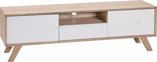 Mueble de TV Beliani Forester de estilo escandinavo en marrón y blanco con 2 armarios y 1 cajón para televisores de hasta 64 pulgadas An/P/Al: 150 x 40 x 45 cm