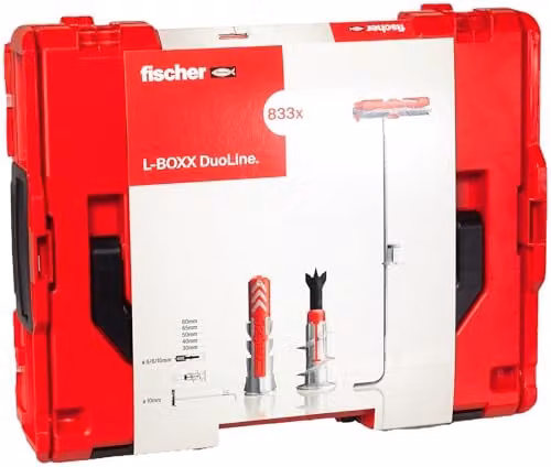 Maletín de tacos y tornillos Fischer con sistema de fijación profesional DUOPOWER, DUOTEC y DUOBLADE en colores rojo y gris para hormigón, ladrillo, pladur y madera, 883 unidades
