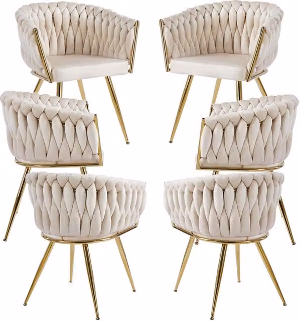 Pack de 6 sillas de comedor Widny en terciopelo beige con estructura dorada de metal