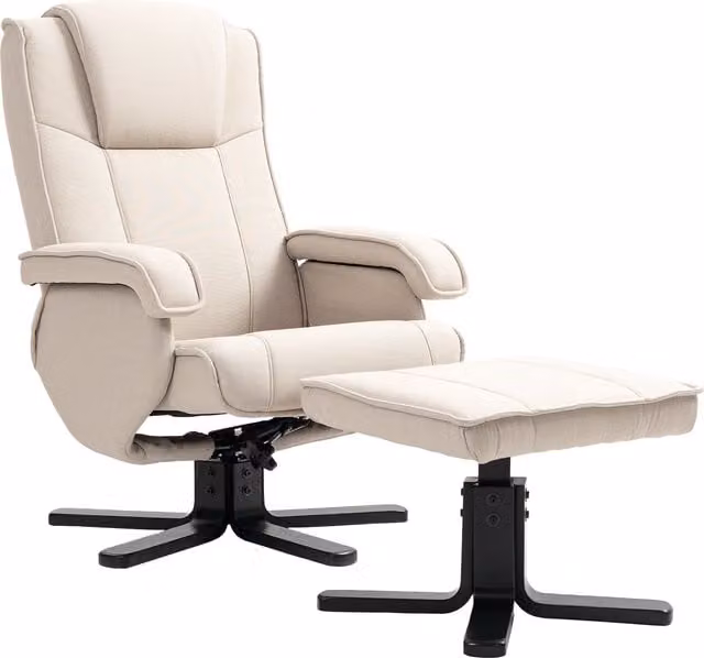 Sillón relax reclinable giratorio HOMCOM con reposapiés, tapizado en lino y base de madera, color beige, An/P/Al: 67 x 87 x 96 cm
