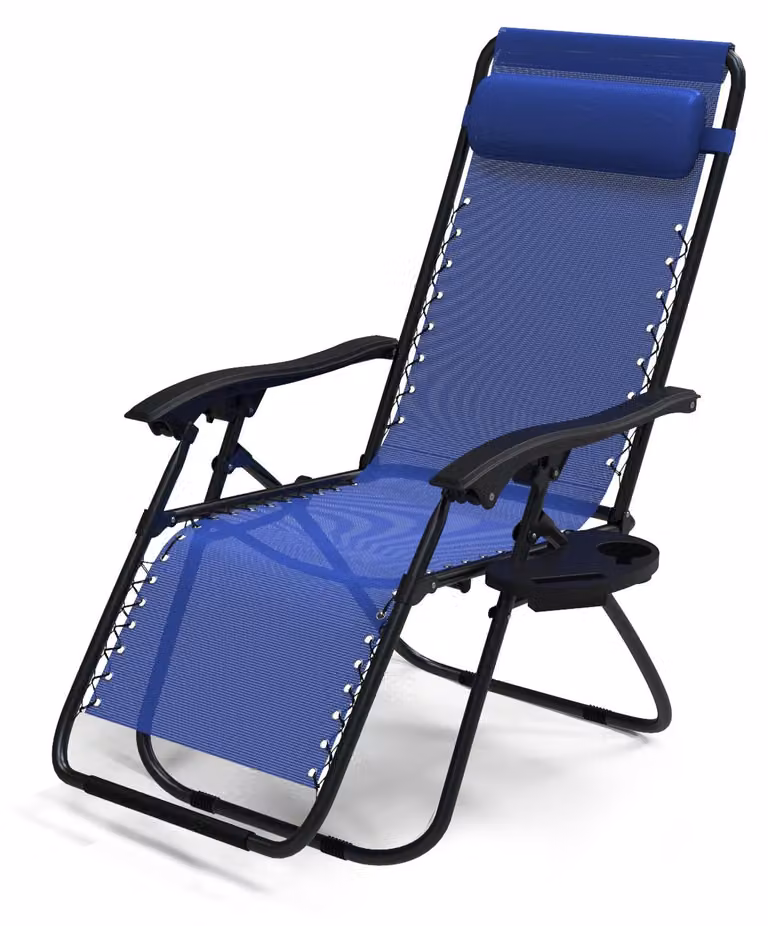 Silla reclinable de jardín VOUNOT de gravedad cero con reposacabezas ajustable y portavasos, color azul, An/P/Al: 120 x 65 x 112 cm