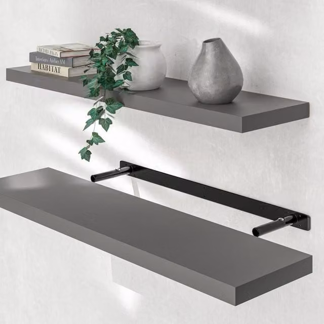 Estante de pared flotante Casaria de MDF gris con acabado brillante para tu oficina o decoración de interiores