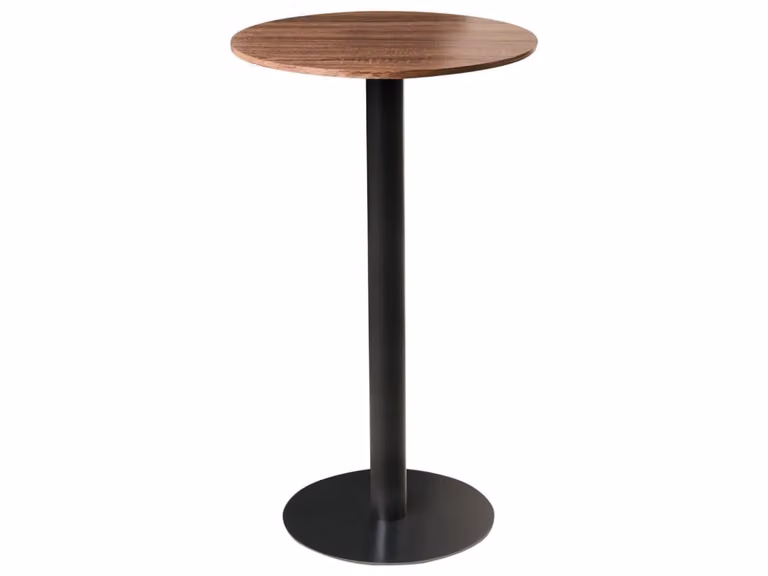 Mesa de bar moderna Beliani para 2 personas con superficie redonda de MDF laminado en negro o marrón y base de hierro con ruedas