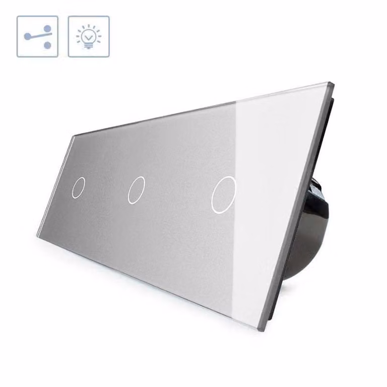Conmutador táctil Livolo de 3 módulos con 3 botones, frontal de cristal gris y conexión wifi